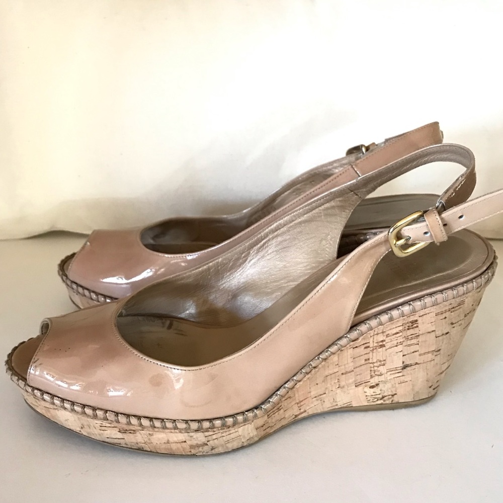 Stuart Weitzman Nude Patent Leather Cork Wedge 10